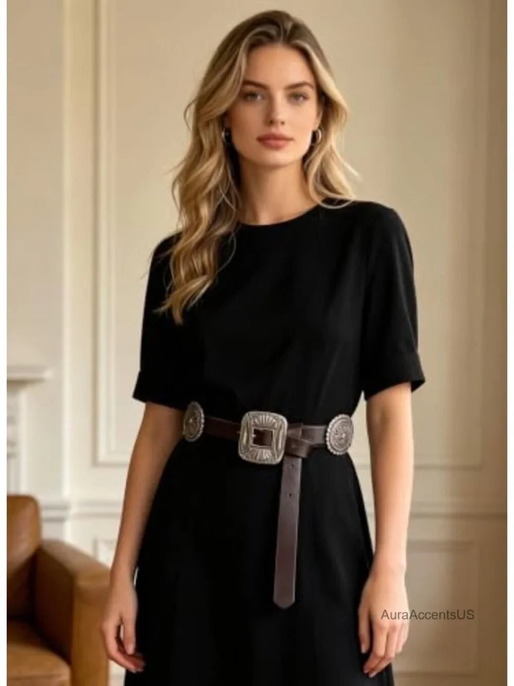 Western Concho Boho PU Leather Belt with Vintage Silver Buckle for Jeans Dresses